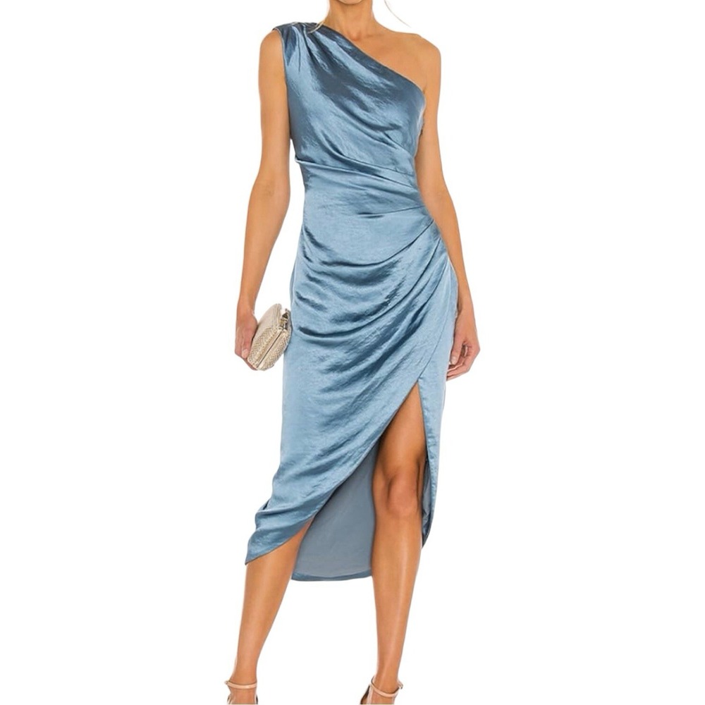 Metallic Blue One Shoulder Satin Midi Dress Asymmetrical Wrap Slit Cocktail L